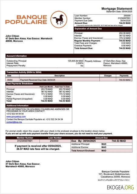 Maroc Relevé hypothécaire de la Banque Centrale Populaire Modèle Word et PDF